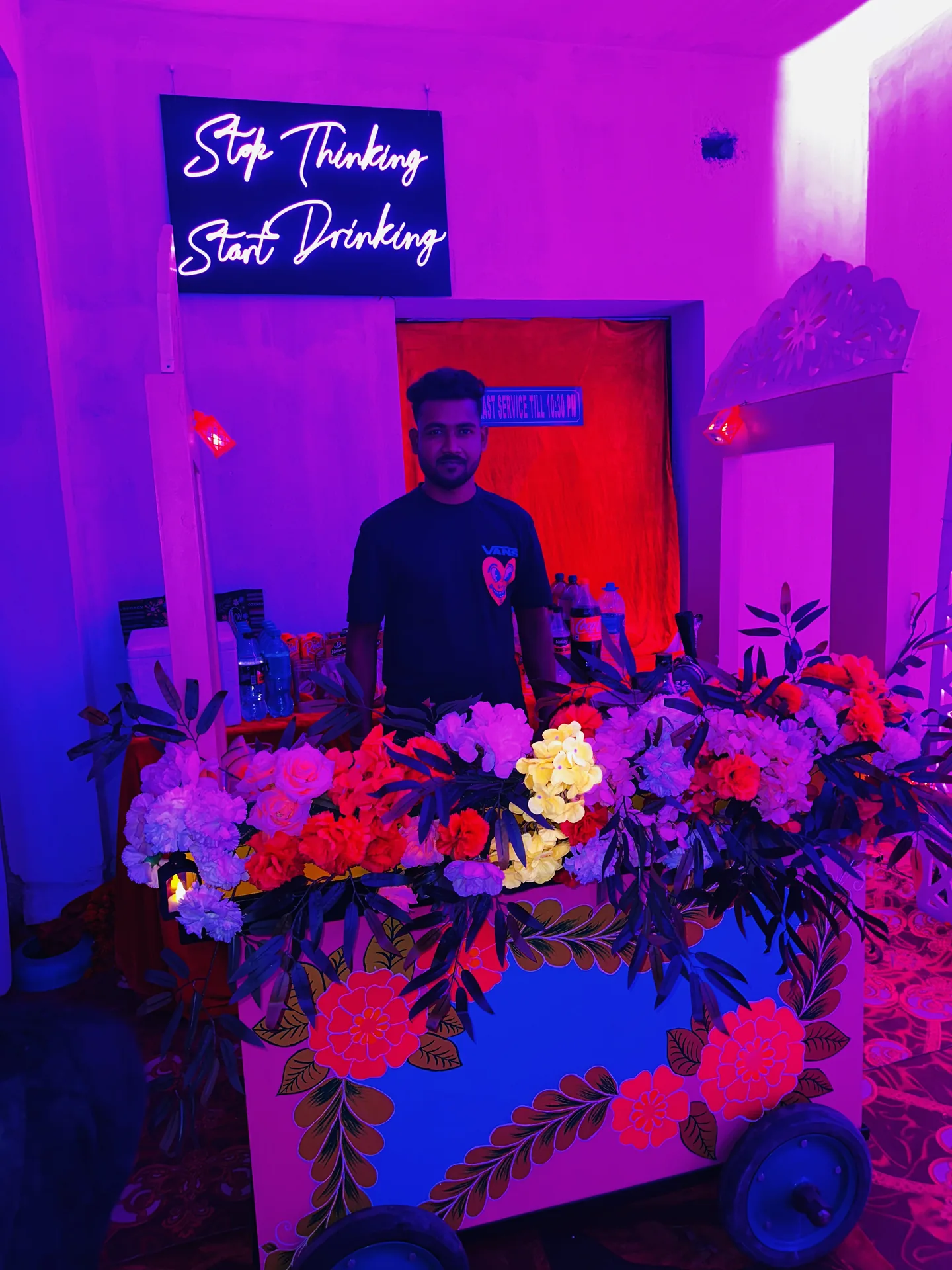 Neon Signage and Floral Artisanal Mocktail Bar Cart Kolkata